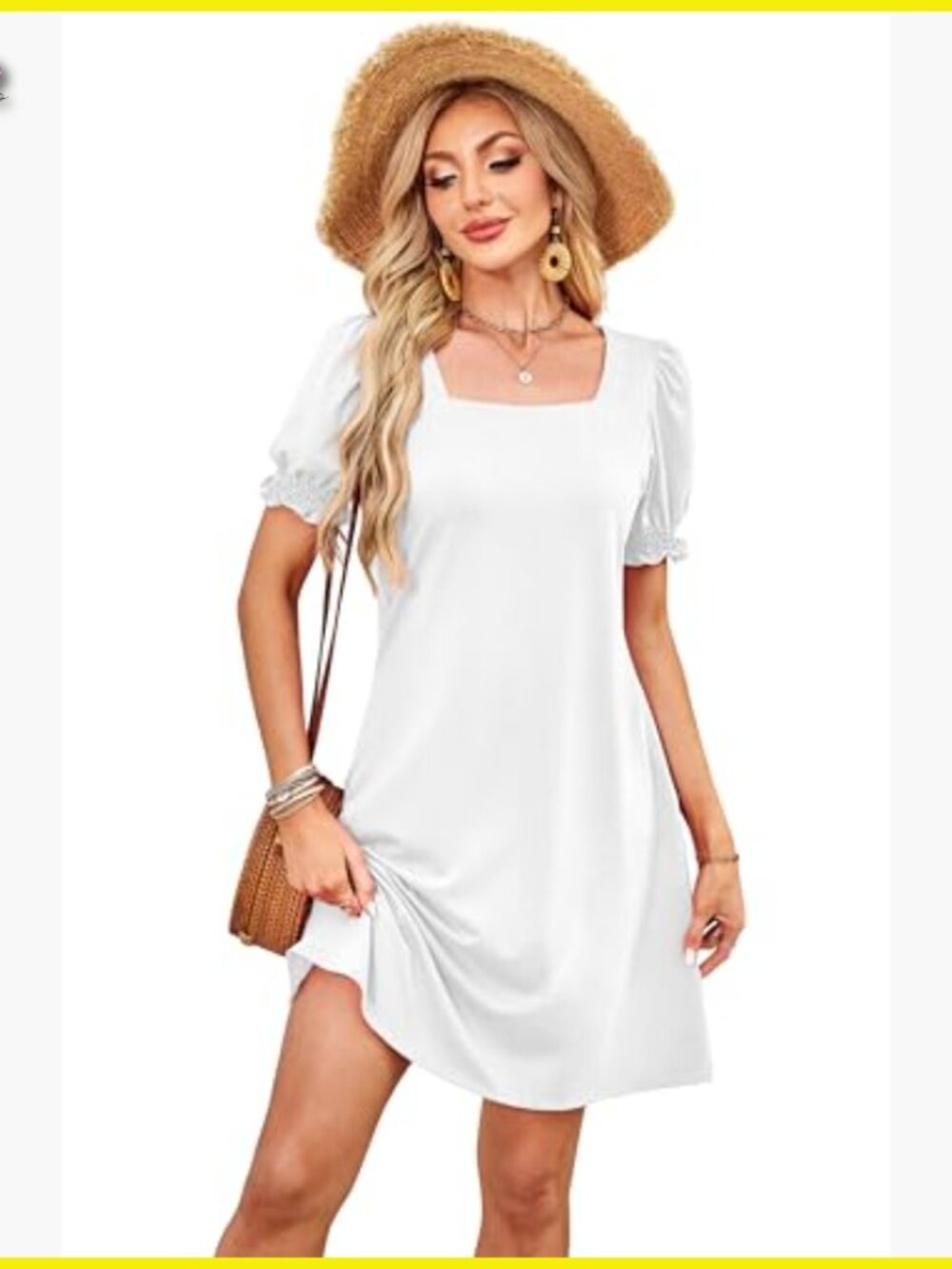 Square Neck Puff Sleeve Casual Dress with Pockets Chic Summer Wear - Picture 2 of 5